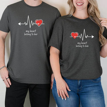 My Heart Belong To Her Him Heart Beat Matching T-Shirts For Couples